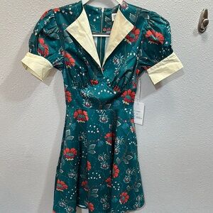 Unique Vintage Retro Teal Red Chain Print Swing Dress XS 2 NWT 1940s